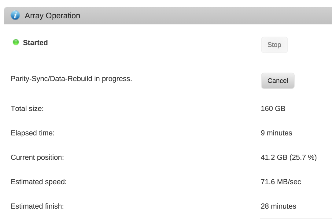 the progress and time remaining for the rebuild will be displayed under the array operation section